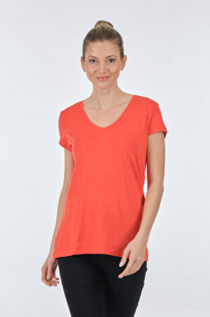 On V Yaka Kısa Kollu Oranj Kadın T-Shirt 22271306