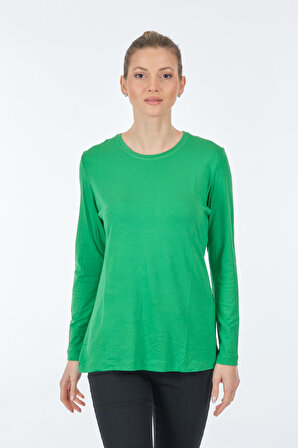 On Yuvarlak Yaka Uzun Kollu Yeşil Kadın T-Shirt 22271303