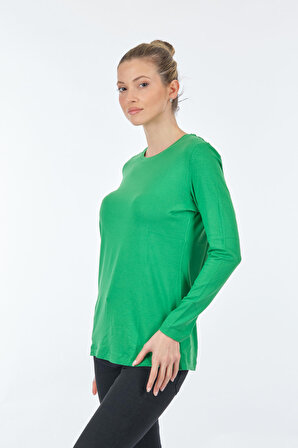 On Yuvarlak Yaka Uzun Kollu Yeşil Kadın T-Shirt 22271303