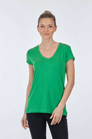 On V Yaka Kısa Kollu Yeşil Kadın T-Shirt 22271306