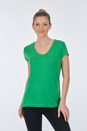 On V Yaka Kısa Kollu Yeşil Kadın T-Shirt 22271306