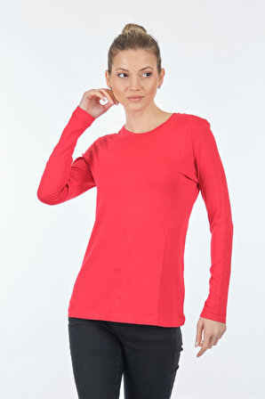 On Yuvarlak Yaka Uzun Kollu Kırmızı Kadın T-Shirt 22271303