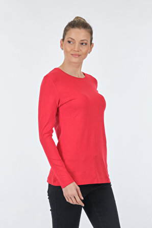 On Yuvarlak Yaka Uzun Kollu Kırmızı Kadın T-Shirt 22271303