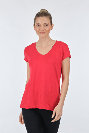 On V Yaka Kısa Kollu Kırmızı Kadın T-Shirt 22271306