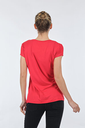 On V Yaka Kısa Kollu Kırmızı Kadın T-Shirt 22271306