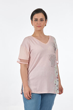 Twomail V Yaka Büyük Beden Pudra Kadın T-Shirt MY2150P10753