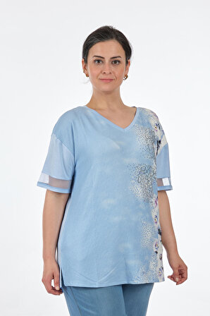Twomail V Yaka Büyük Beden Bebe Mavi Kadın T-Shirt MY2150P10753