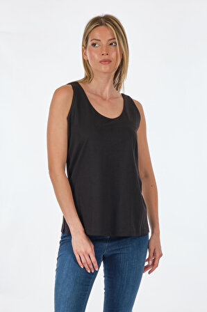 Unique Mode Yuvarlak Yaka Kolsuz Siyah Kadın T-Shirt US232047