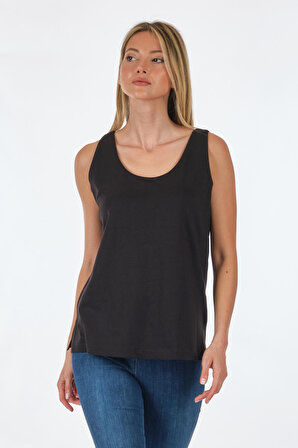 Unique Mode Yuvarlak Yaka Kolsuz Siyah Kadın T-Shirt US232047
