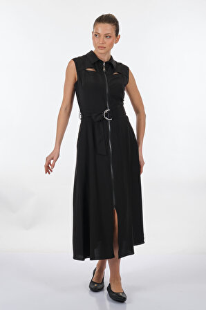 Unique Mode Dik Yaka Kolsuz Siyah Kadın Elbise US233004