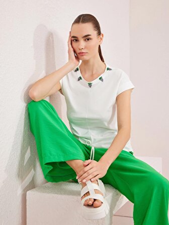 Unique Mode Kemerli Yeşil Kadın Pantolon US234008