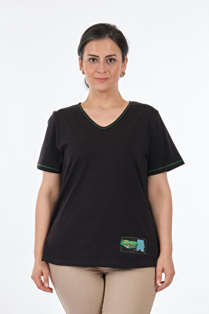 Vedi-bb V Yaka Büyük Beden Sırt Detaylı Siyah Kadın T-Shirt 2311011