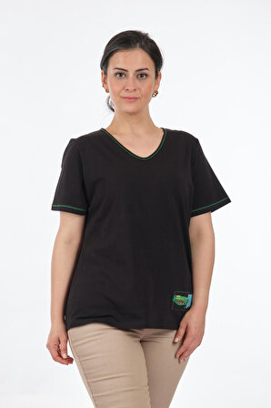 Vedi-bb V Yaka Büyük Beden Sırt Detaylı Siyah Kadın T-Shirt 2311011