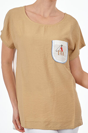 Vedi Yuvarlak Yaka Kısa Kollu Camel Kadın T-Shirt 2311023