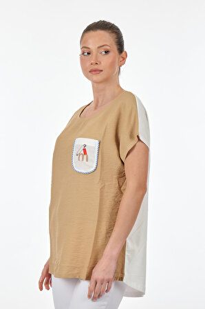 Vedi Yuvarlak Yaka Kısa Kollu Camel Kadın T-Shirt 2311023