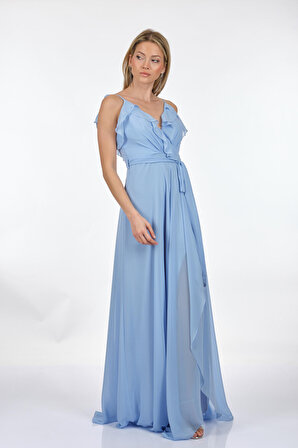 Dori Kruvaze Yaka Yırtmaç Detaylı İp Askılı Mavi Kadın Elbise 231KB2032