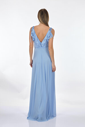 Dori Kruvaze Yaka Yırtmaç Detaylı İp Askılı Mavi Kadın Elbise 231KB2032