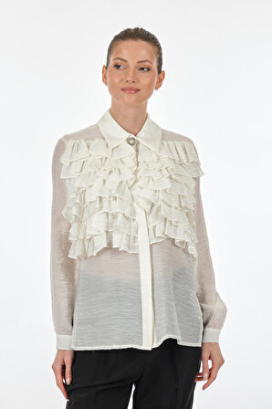 SLeeN Gömlek Yaka Fırfırlı Uzun Kollu Beyaz Kadın Bluz 20377