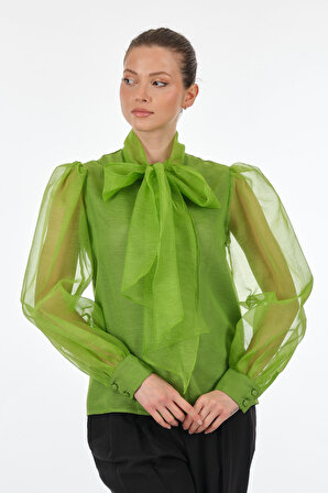 SLeeN Yaka Detaylı Balon Kol Yeşil Kadın Bluz 20403