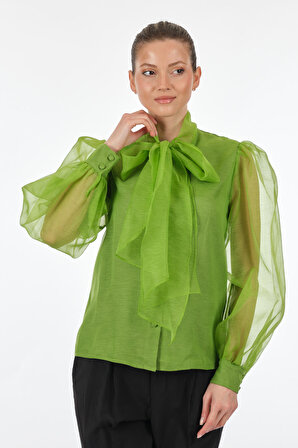 SLeeN Yaka Detaylı Balon Kol Yeşil Kadın Bluz 20403