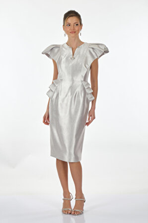 SLeeN Omuz Detaylı Gümüş Kadın Gece Elbisesi 10504