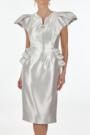 SLeeN Omuz Detaylı Gümüş Kadın Gece Elbisesi 10504