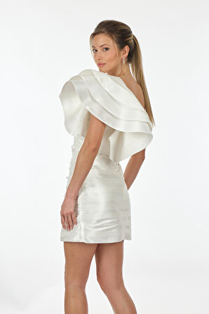 SLeeN Tek Omuz Beyaz Kadın Gece Elbisesi 10491