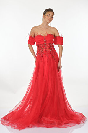 Vıva D'or Abiye Taş Detaylı Straplez Kırmızı Kadın Elbise 2318104