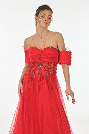 Vıva D'or Abiye Taş Detaylı Straplez Kırmızı Kadın Elbise 2318104