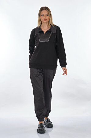 Unique Mode Gömlek Yaka Yaka Detaylı Siyah Kadın Sweatshirt UW242005