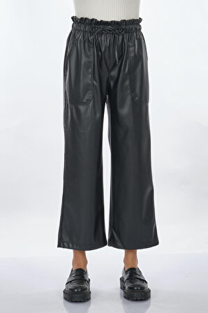 Unique Mode Deri Görünümlü Bol Paça Siyah Kadın Pantolon UW244003