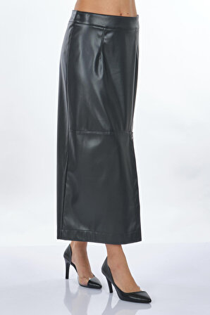 Unique Mode Deri Detaylı Siyah Kadın Etek UW246001