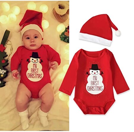 Bebek Yılbaşı-noel (CHRİSTMAS) Temalı Organik Body& Şapka Takımı Unisex Kırmızı