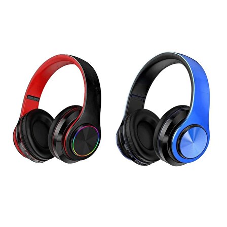 QASUL Kablosuz Kulaklık Bluetooth Mikrofonlu Kulaküstü Kulaklık Led Işıklı Katlanabilir Mavi
