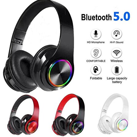 QASUL Kablosuz Kulaklık Bluetooth Mikrofonlu Kulaküstü Kulaklık Led Işıklı Katlanabilir Mavi