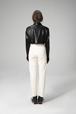 DERİCLUB WM034 Gerçek Deri Crop Blazer Kadın Ceket