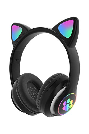 Fuchsia Kedi Kulaklık LED Işıklı Bluetooth Katlanabilir Eğlenceli Mikrofonlu Kulaklık