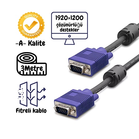 MN6 Vga Kablo-A-Kalite 3metre-Projeksiyon Kablosu-Monitör Görüntü Kablosu