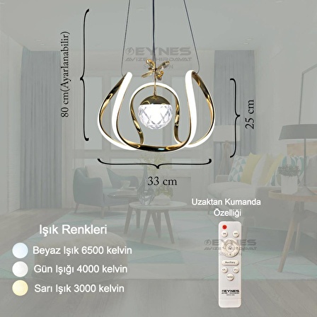 LED Avize Toplu Kumandalı Gold Renk 3 Renk Işık Salon - Oturma Odası - Mutfak - Antre/hol - Çoçuk Odası -Yatak Odası