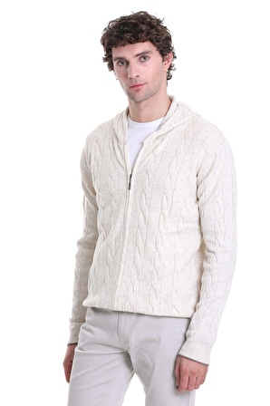 Bej Regular Fit Jakarlı Yarım Fermuarlı Kapüşonlu Triko Kazak | XL