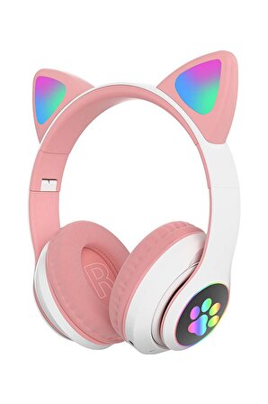 Fuchsia Kedi Kulaklık LED Işıklı Bluetooth Katlanabilir Eğlenceli Mikrofonlu Kulaklık