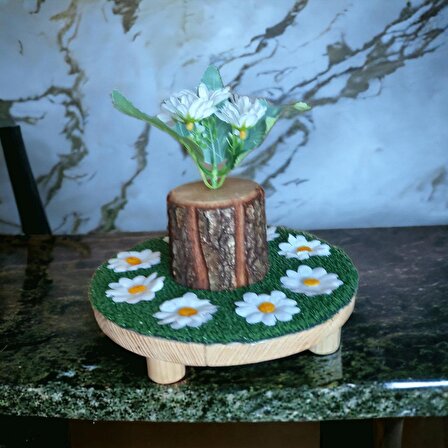 Ahşap Ağaçlı Çimli Saksılı Yapay Çiçek Papatyalı Masa Çiçeği 20 cm C2