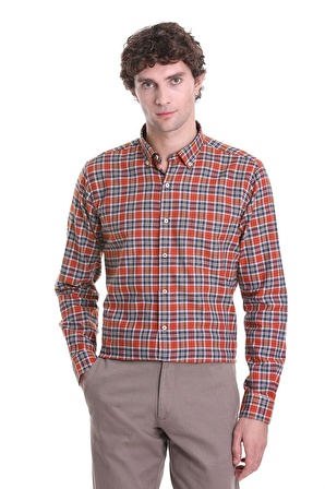 Kiremit Comfort Fit Kareli Düğmeli Yaka Uzun Kollu Casual Gömlek | M