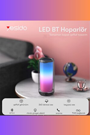 YESIDO YSW09 Bluetooth Kablosuz Hoparlör,Fuchsia 11 Işık Modlu RGB LED Işıklı Dekoratif Hoparlör