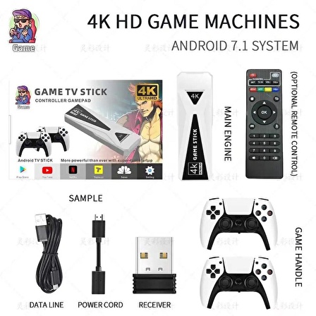 Android Game Tv Stick 4K 64 GB Remote Control Hazıfa Kartı ve 2 Kablosuz Oyun Kolu Retro Game Stick 