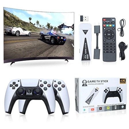 Android Game Tv Stick 4K 64 GB Remote Control Hazıfa Kartı ve 2 Kablosuz Oyun Kolu Retro Game Stick 