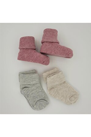 3'lü Pamuklu Bebek Çorabı 6-12 Ay (PEMBE-GRİ-BEJ)