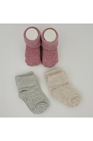 3'lü Pamuklu Bebek Çorabı 6-12 Ay (PEMBE-GRİ-BEJ)