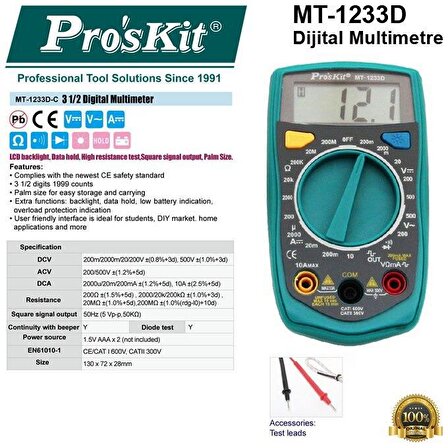 Proskit Mt-1233D Dıgıtal Multimetre (Kare Sinyal, Direnç)