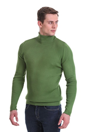 Yeşil Slim Fit Fitilli Balıkçı Yaka Yünlü Triko Kazak | XL
